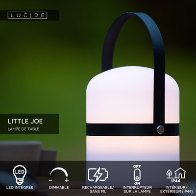 Lucide LITTLE JOE - Lampe de table Rechargeable Intérieur/Extérieur - Batterie/Piles - Ø 10 cm - LED Dim. - 1x0,3W 3000K - IP44 - Noir
